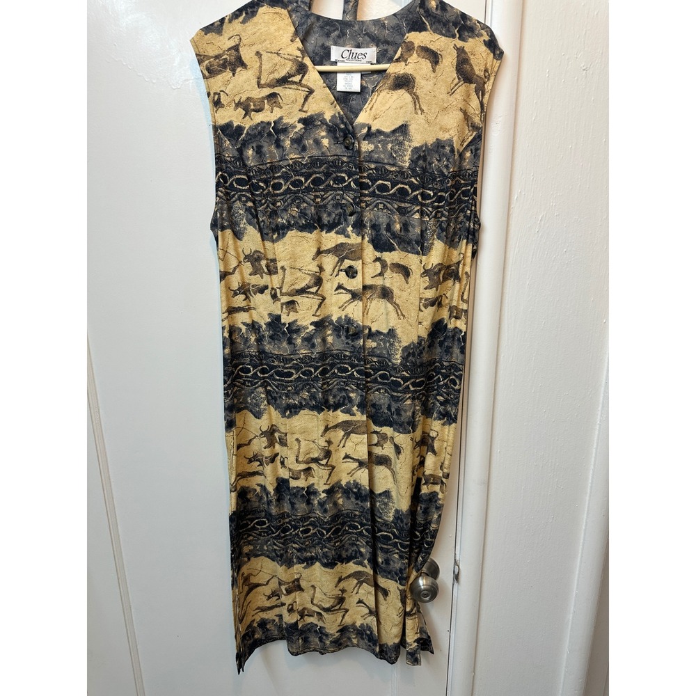 Vintage Clues Collections Women 14 Tan Cave Painting‎ Print Rayon Midi Dress Tie